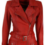 LE CRAZE Women's Red Leather Belted Biker Jacket