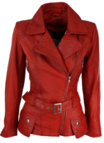LE CRAZE Women's Red Leather Belted Biker Jacket