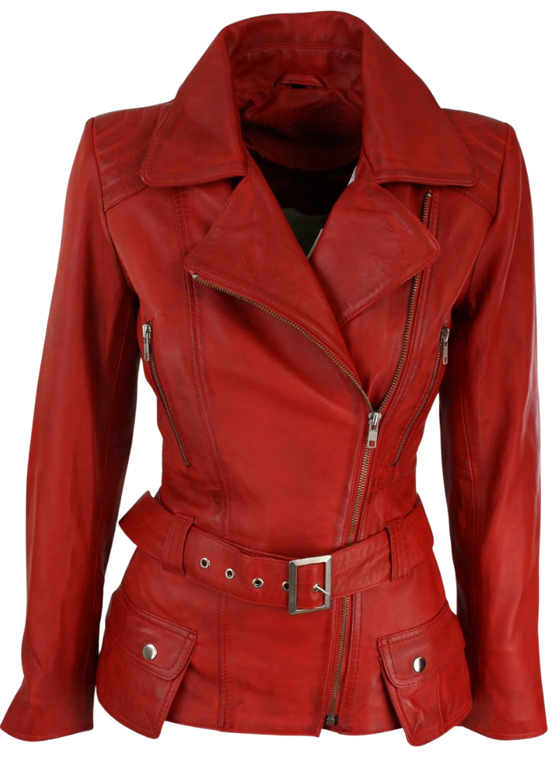 Untitled design (46) LE CRAZE Women's Red Leather Belted Biker Jacket - Image 1