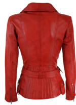 LE CRAZE Women's Red Leather Belted Biker Jacket - Image 2