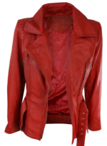 LE CRAZE Women's Red Leather Belted Biker Jacket - Image 3