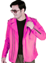 LE CRAZE Men's Neon Pink Biker Leather Jacket - Image 3
