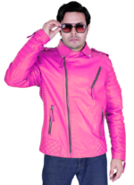 LE CRAZE Men's Neon Pink Biker Leather Jacket - Image 4
