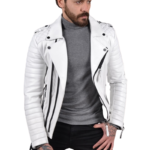 LE CRAZE White Leather Biker Motorcycle Jacket