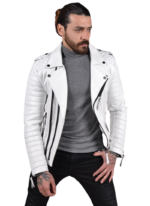 LE CRAZE White Leather Biker Motorcycle Jacket
