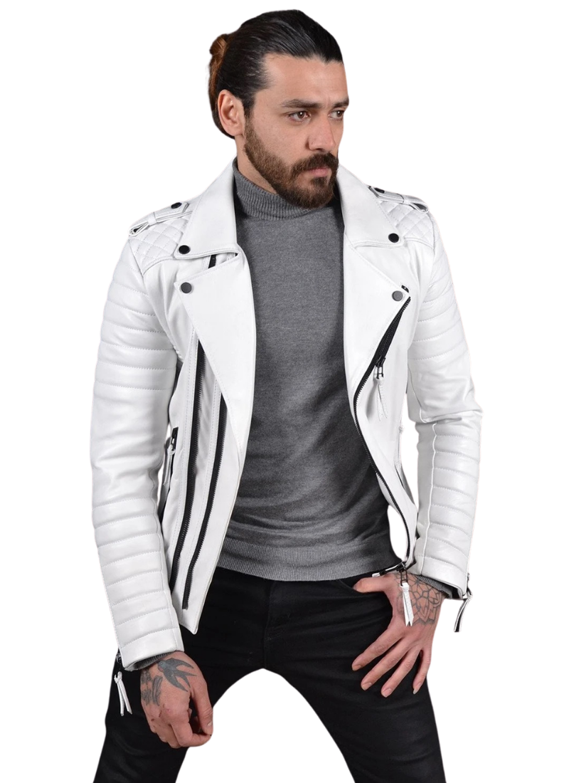 Untitled design (25) LE CRAZE White Leather Biker Motorcycle Jacket - Image 1