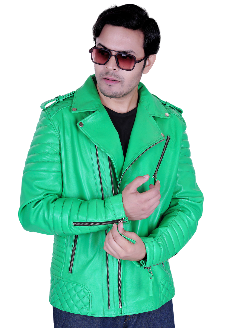 Untitled design (49) LE CRAZE Men's Light Green Premium Leather Biker Jacket - Image 1