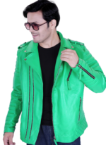 LE CRAZE Men's Light Green Premium Leather Biker Jacket - Image 3