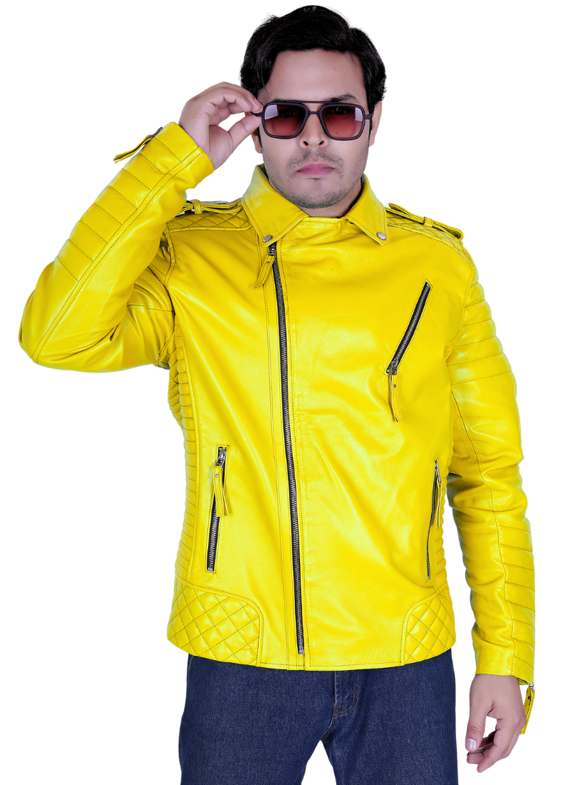 Untitled design (53) LE CRAZE Men's Yellow Leather Biker Jacket - Image 1