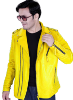 LE CRAZE Men's Yellow Leather Biker Jacket - Image 4