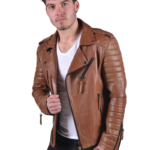 Mens Genuine Lambskin Mango Tan Leather Jacket Quilted Bike Rider Jacket