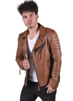 Mens Genuine Lambskin Mango Tan Leather Jacket Quilted Bike Rider Jacket