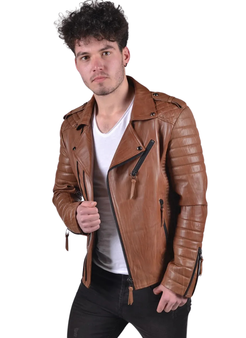 Untitled design (76) Mens Genuine Lambskin Mango Tan Leather Jacket Quilted Bike Rider Jacket - Image 1