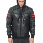 Real Genuine Hooded Leather Jacket With Zipper Black leather Jacket