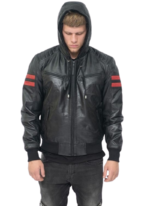 Real Genuine Hooded Leather Jacket With Zipper Black leather Jacket