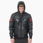 Real Genuine Hooded Leather Jacket With Zipper Black leather Jacket
