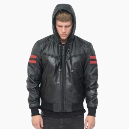 Real Genuine Hooded Leather Jacket With Zipper Black leather Jacket
