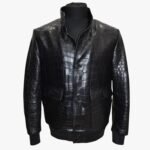 Men Genuine Black Lambskin Crocodile Print Bomber Style Leather Jacket With Zipper & Pocket
