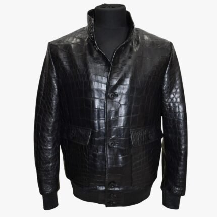 Men Genuine Black Lambskin Crocodile Print Bomber Style Leather Jacket With Zipper & Pocket