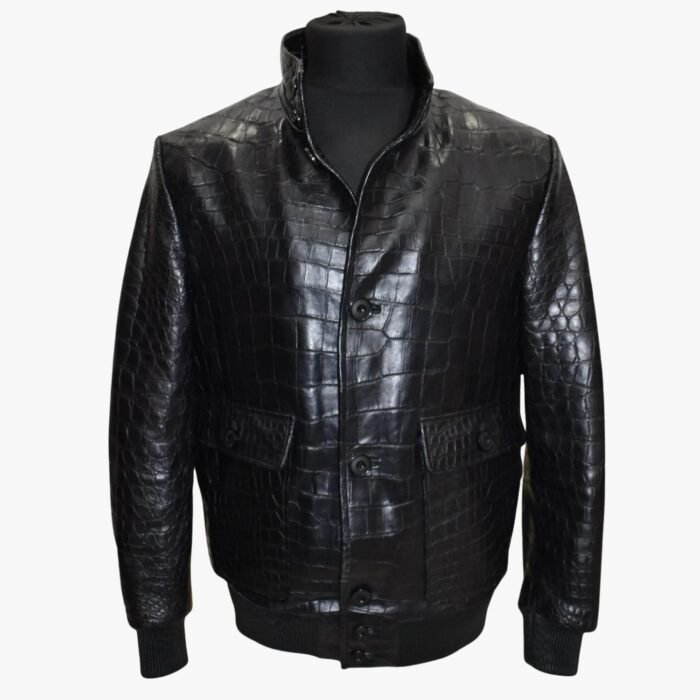Men Genuine Black Lambskin Crocodile Print Bomber Style Leather Jacket With Zipper & Pocket - Image 1
