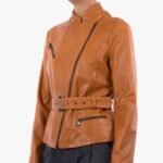 Genuine Lambskin Tan Leather Jacket With Belt Zipper & Pocket Slim Fit Classy Leather Jacket For Women