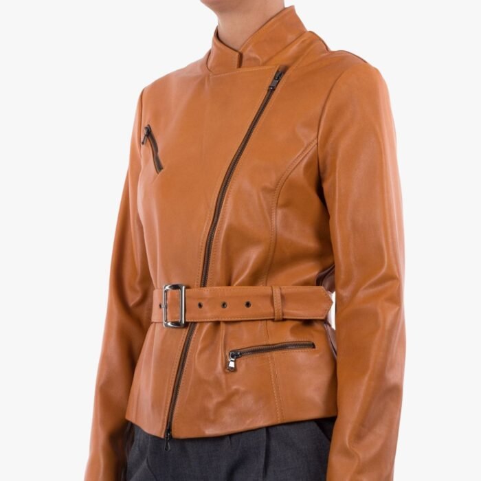 Genuine Lambskin Tan Leather Jacket With Belt Zipper & Pocket Slim Fit Classy Leather Jacket For Women - Image 1