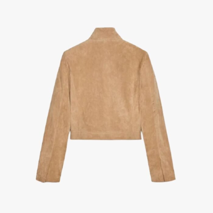 Genuine Lambskin Tan Suede Leather Jacket With Zipper & Pocket - Image 3