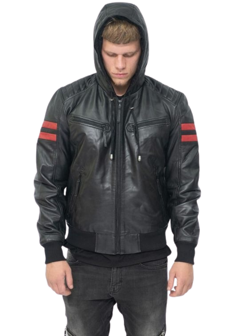 1 Real Genuine Hooded Leather Jacket With Zipper Black leather Jacket - Image 1