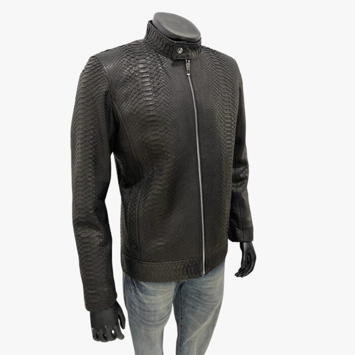 Black Lambskin Men Crocodile Print Leather Jacket With Zipper & Pocket Casual Outwear Leather Jacket - Image 2