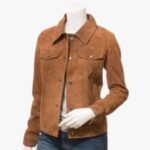 Women Genuine Lambskin Tan Suede Leather Shirt Denim Style Slim Fit Jacket