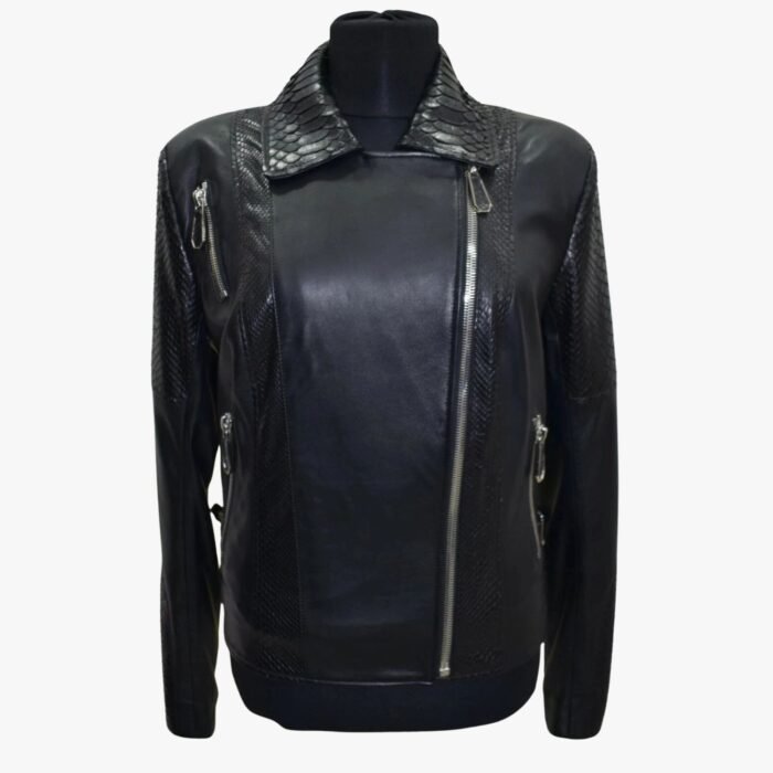 Women Genuine Black Lambskin Crocodile Print Leather Jacket Motorcycle Biker Slim Fit Leather Jacket - Image 1
