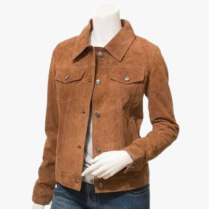 Women Genuine Lambskin Tan Suede Leather Shirt Denim Style Slim Fit Jacket - Image 1