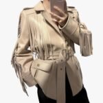 Handmade Lambskin Women Fringe Leather Jacket With Belt Stylish Party Wear Designer Coat Celebrity Jacket