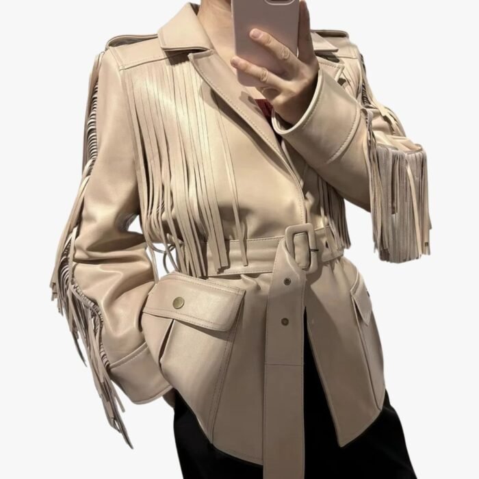 Handmade Lambskin Women Fringe Leather Jacket With Belt Stylish Party Wear Designer Coat Celebrity Jacket - Image 1
