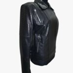 Women Genuine Black Lambskin Crocodile Print Leather Jacket Motorcycle Biker Slim Fit Leather Jacket - Image 3
