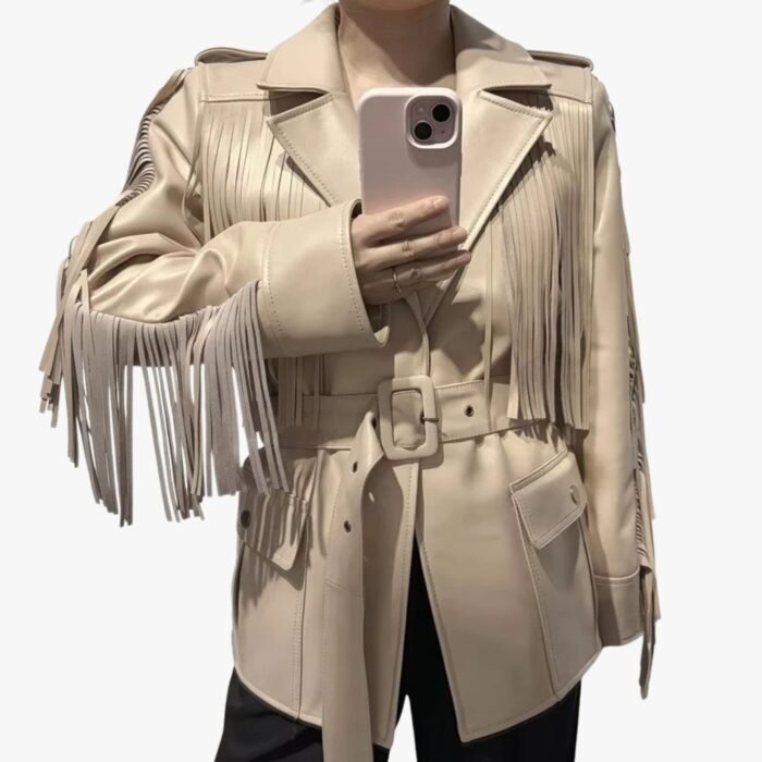 Handmade Lambskin Women Fringe Leather Jacket With Belt Stylish Party Wear Designer Coat Celebrity Jacket - Image 2