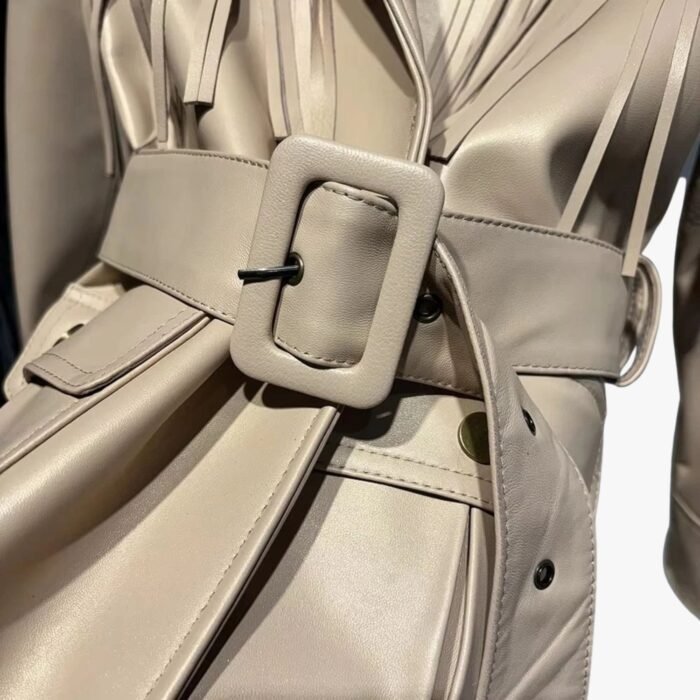 Handmade Lambskin Women Fringe Leather Jacket With Belt Stylish Party Wear Designer Coat Celebrity Jacket - Image 3