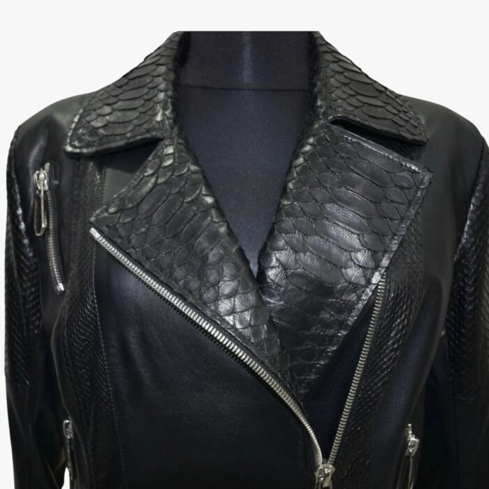 Women Genuine Black Lambskin Crocodile Print Leather Jacket Motorcycle Biker Slim Fit Leather Jacket - Image 5
