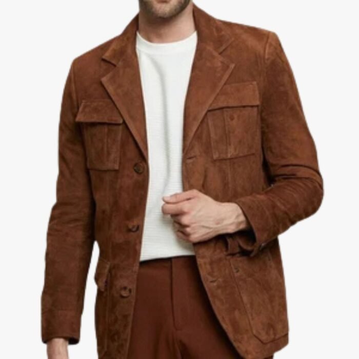 Men Genuine Lambskin Dark Brown Suede Coat Four Pocket Formal Leather Blazer - Image 1