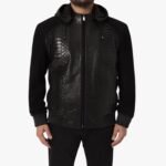 Genuine Lambskin Black Crocodile Print Hooded Leather Jacket For Men Western Winter Wear Biker Jacket