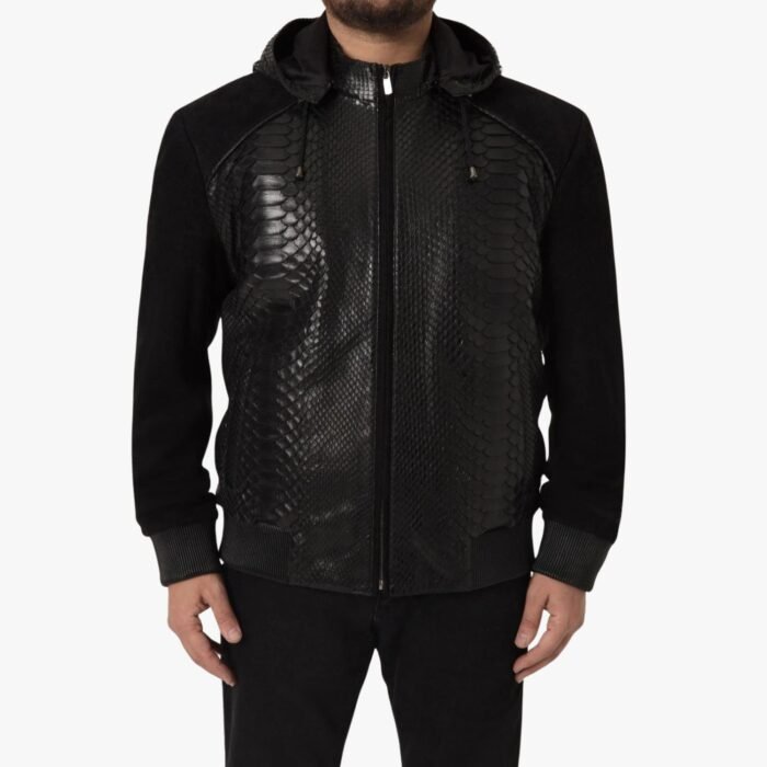 Genuine Lambskin Black Crocodile Print Hooded Leather Jacket For Men Western Winter Wear Biker Jacket - Image 1