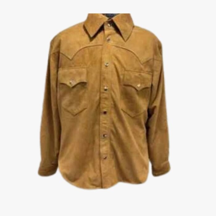 Genuine Lambskin Tan Suede Leather Shirt Cowboy Casual Formal Shirt - Image 1