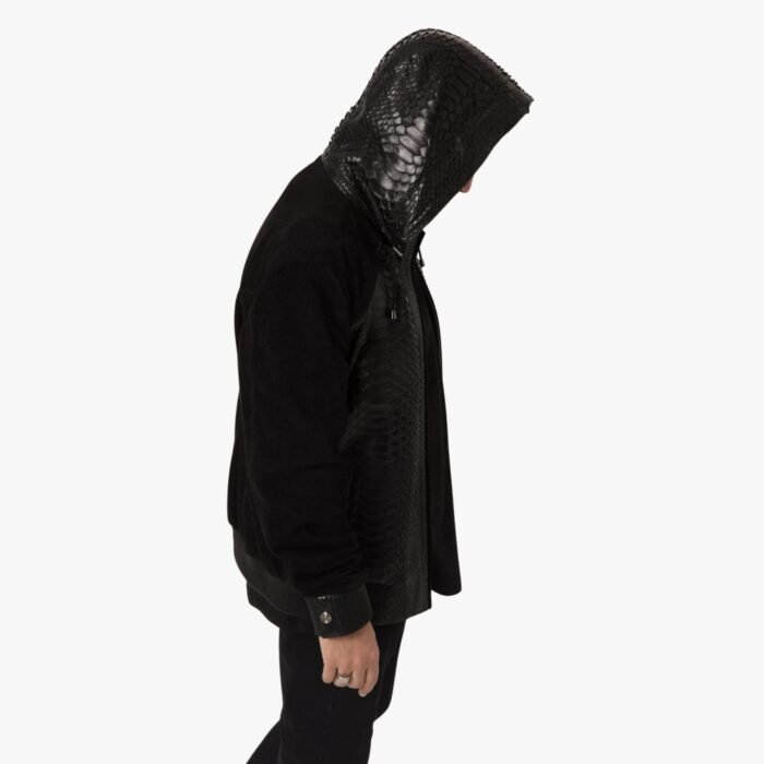 Genuine Lambskin Black Crocodile Print Hooded Leather Jacket For Men Western Winter Wear Biker Jacket - Image 2