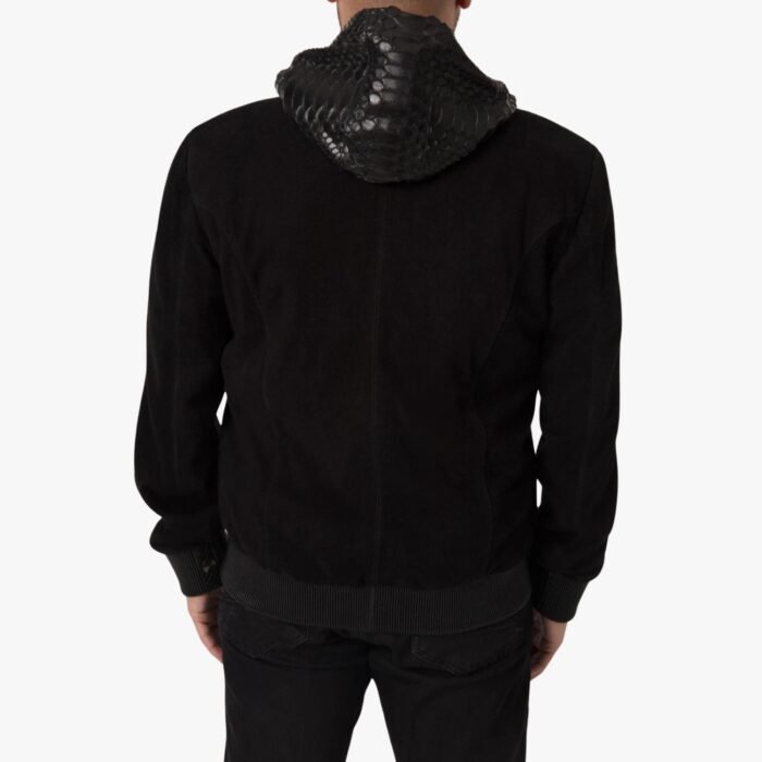 Genuine Lambskin Black Crocodile Print Hooded Leather Jacket For Men Western Winter Wear Biker Jacket - Image 3