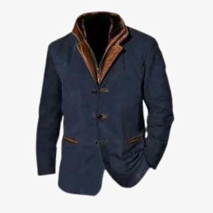 Handmade Men Navy Blue Classy Formal Party Wear Double Collar Blazer Coat