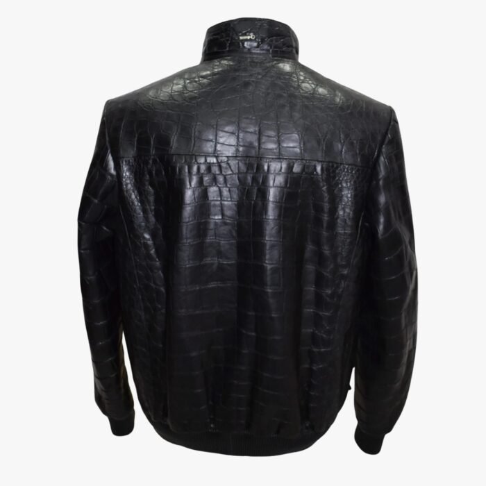 Men Genuine Black Lambskin Crocodile Print Bomber Style Leather Jacket With Zipper & Pocket - Image 2