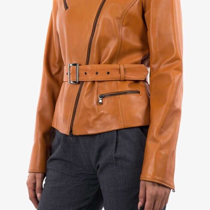 Genuine Lambskin Tan Leather Jacket With Belt Zipper & Pocket Slim Fit Classy Leather Jacket For Women - Image 2