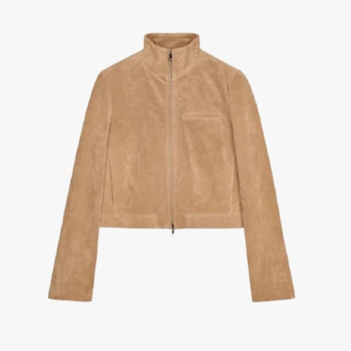 Genuine Lambskin Tan Suede Leather Jacket With Zipper & Pocket - Image 1