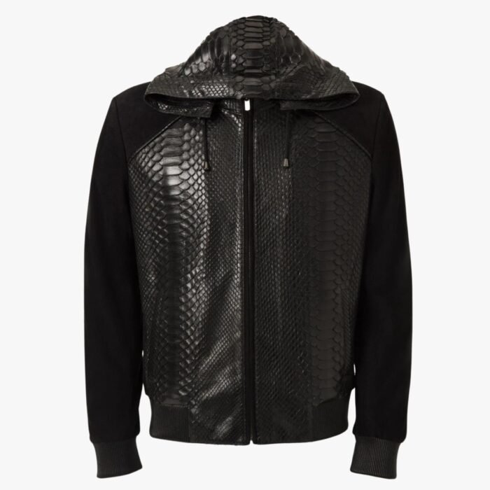 Genuine Lambskin Black Crocodile Print Hooded Leather Jacket For Men Western Winter Wear Biker Jacket - Image 5