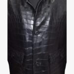 Men Genuine Black Lambskin Crocodile Print Bomber Style Leather Jacket With Zipper & Pocket - Image 3